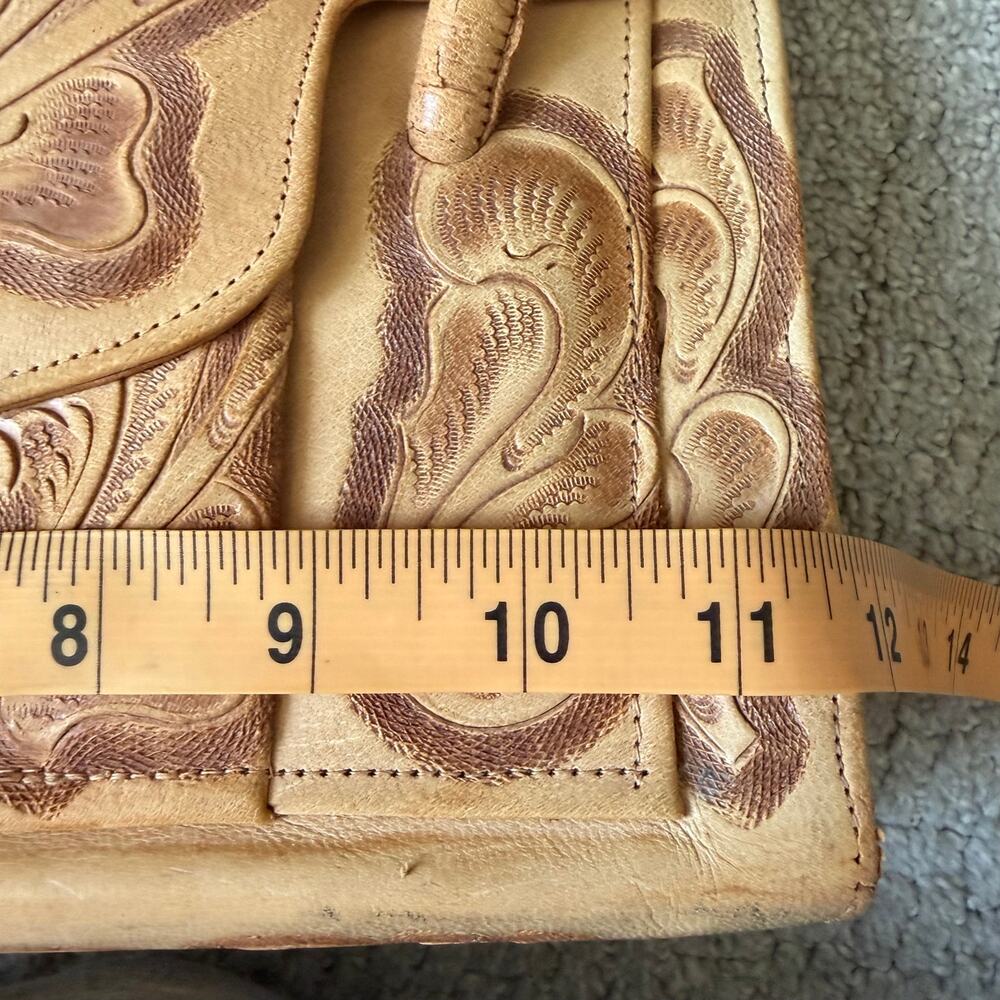 Vintage Tooled Leather Handbag Purse Tan Brown Floral - Picture 10 of 12